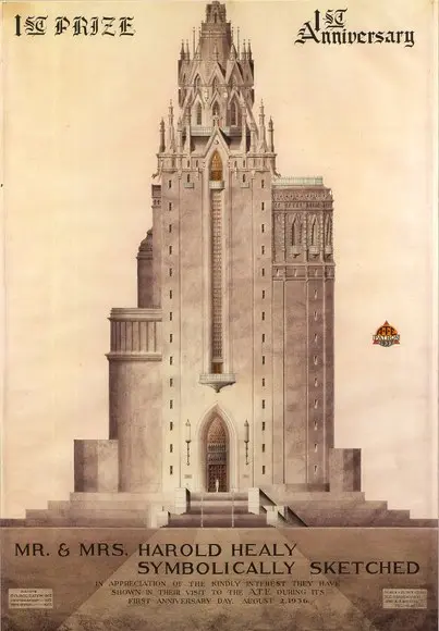 Achilles G. Rizzoli's rendering Mr and Mrs Harold Healy Symbolically Sketched (1936), a portrait of visitors drawn as architecture.