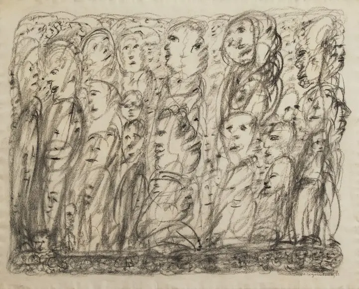 A crowd of overlapping faces drawn in pencil by Agatha Wojciechowsky.