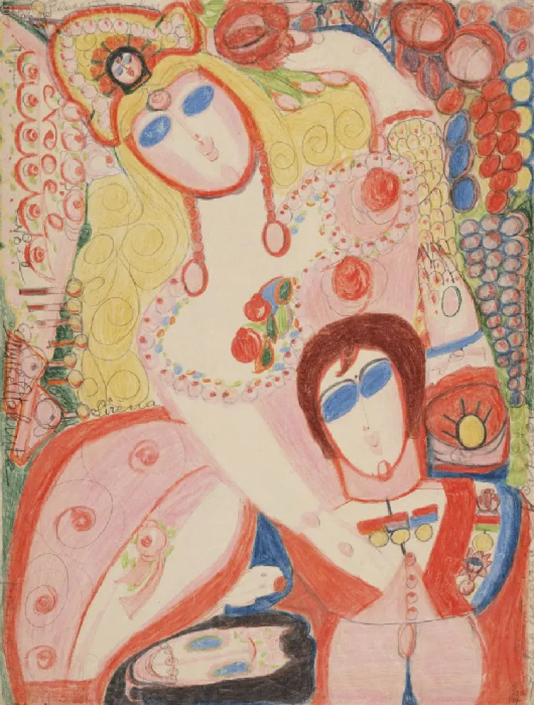 Mythe Atalante lance des pommes d'or, coloured pencil drawing by Aloïse Corbaz, 1946.