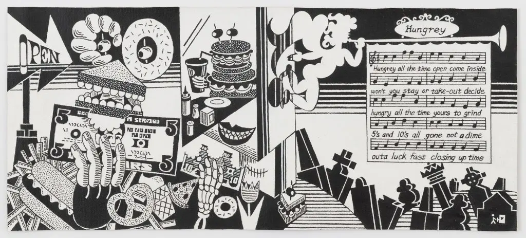 Hungrey (undated), paint on cloth, one of Dominguez's white on black compositions with hand lettered sheet music.