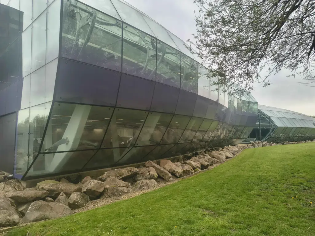 The curved glass of Arclite House, Century Road, Peatmoor