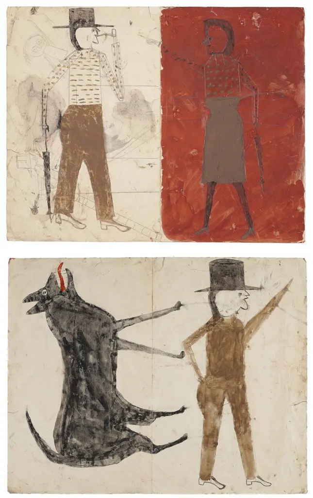 Bill Traylor drawings: figures, and a man with a black dog.