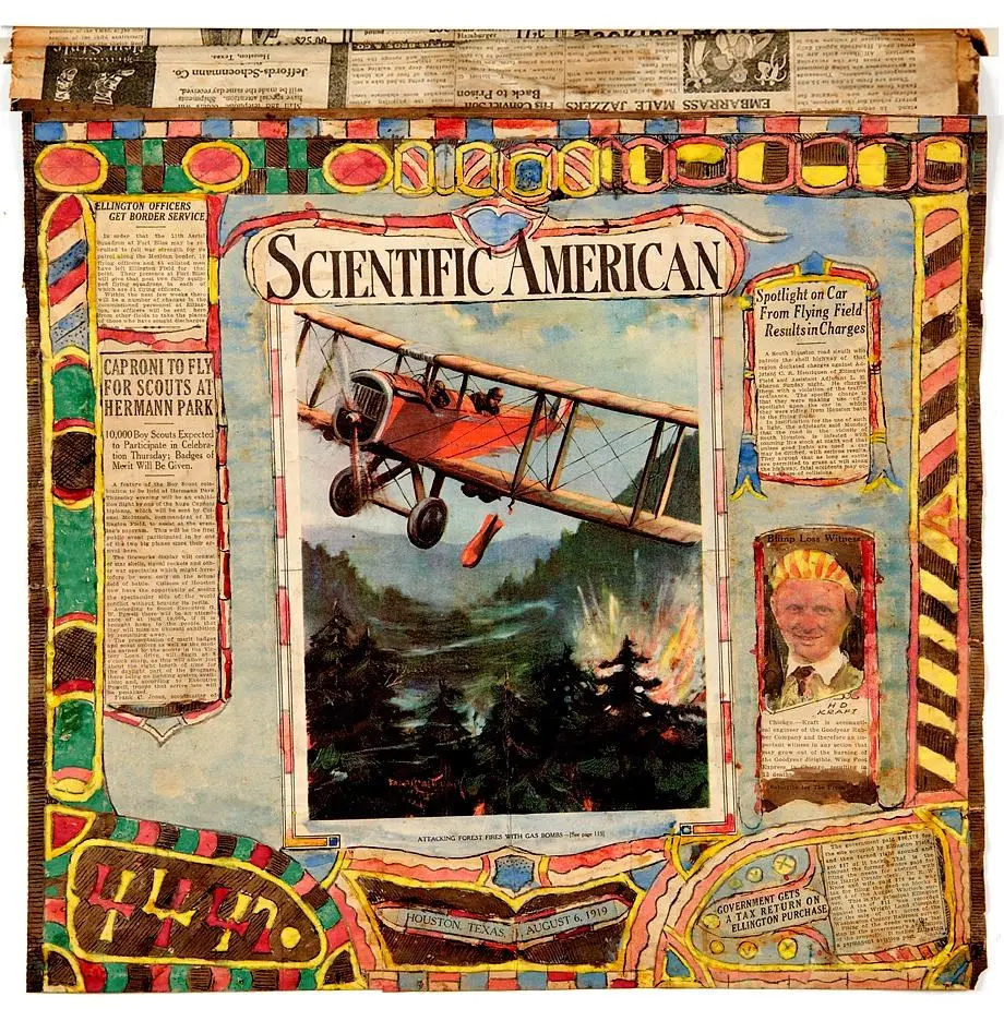 A page from one of Charles Dellschau's scrapbooks, collaging news cuttings of early aviation inside a painted border, Houston, 1919.