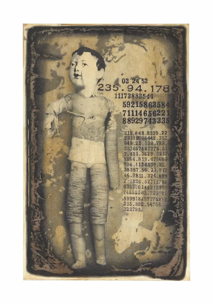 Charles Benefiel's Hygienic Toys 2 (1995), a stippled drawing of a doll accompanied by long number sequences.