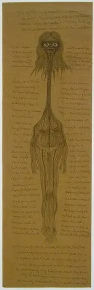 Untitled (Elongated Nude, Suspended in Space) (1992), graphite and coloured pencil on paper.