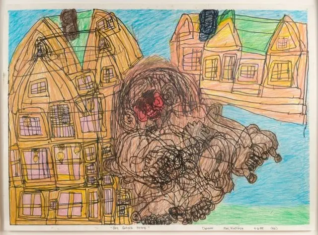 Boy Going Home, 1986, a drawing by Dwight Mackintosh.