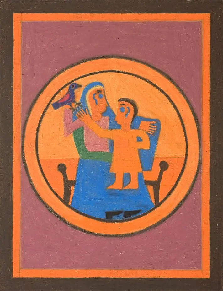 Mother and Child with Bird, oil pastel by Eddie Arning, about 1970.