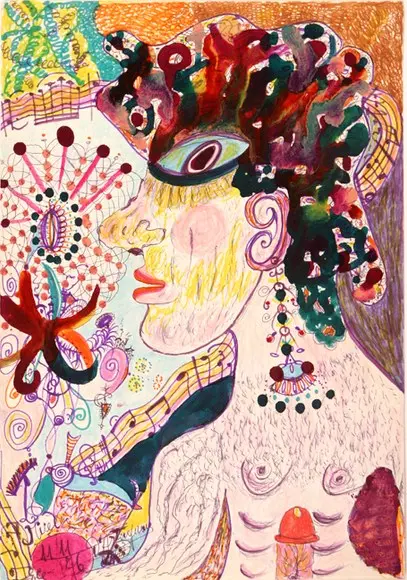 A brightly coloured, ornately detailed portrait drawing by Ele D'Artagnan.