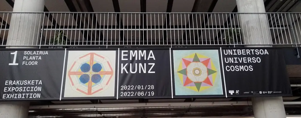 Emma Kunz's geometries on exhibition banners at Tabakalera, Spain.