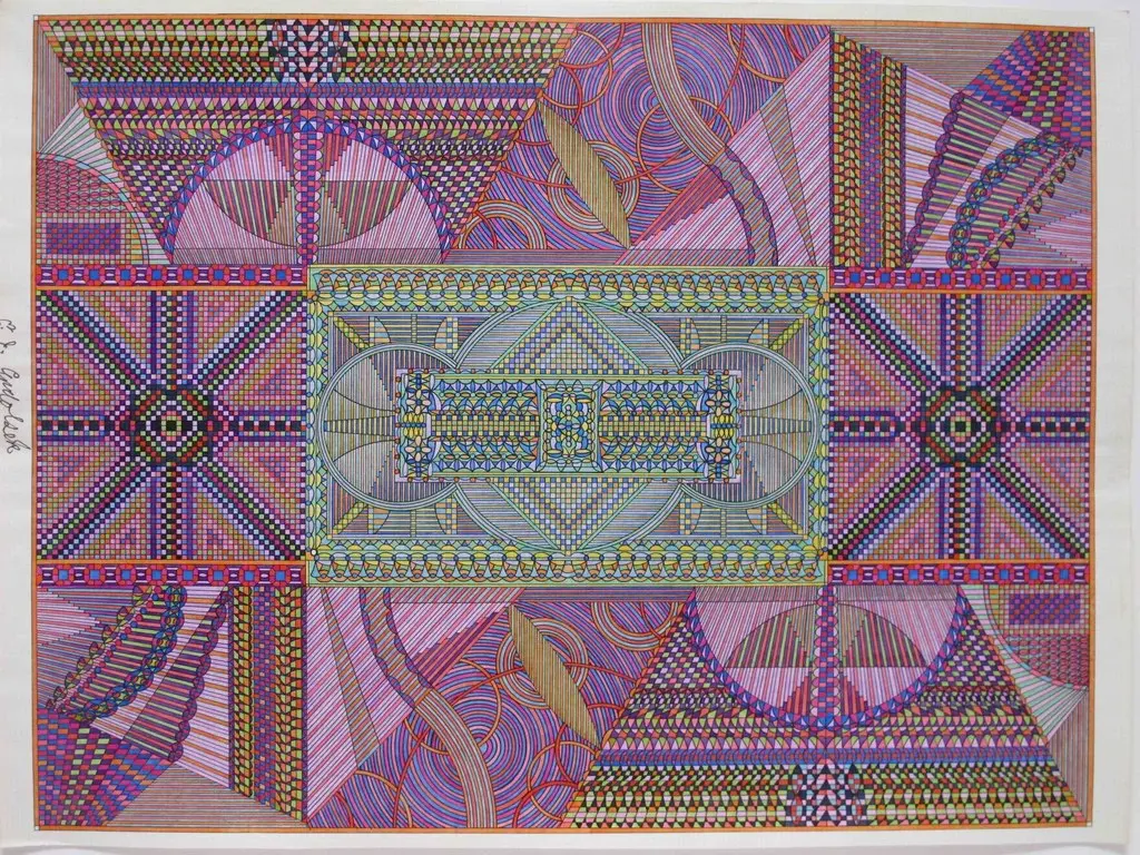 Untitled ink drawing on graph paper by Eugene Andolsek, made in the 1970s or 1980s.