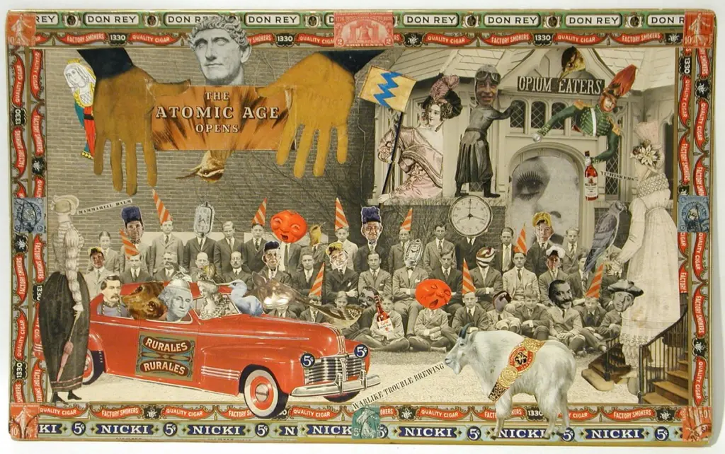 The Atomic Age Opens, mixed media collage on photograph by Felipe Jesus Consalvos.