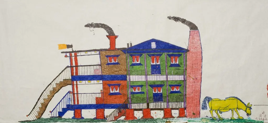 Untitled (2006), crayon, pen and marker on butcher paper, showing a brightly coloured building with a horse grazing alongside.