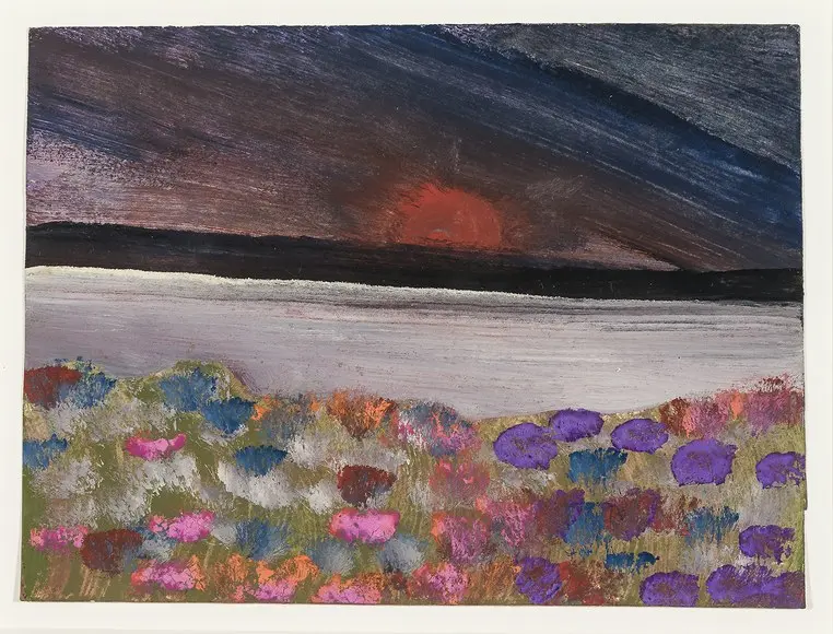 Dark Sky with Blooming Flowers, a small watercolour landscape on heavy paper.