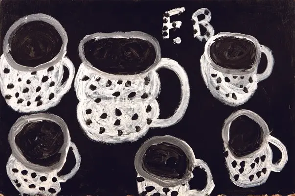 Untitled (1992), acrylic on panel, a set of spotted cups painted in black and white and signed F.B.