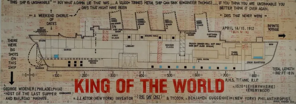 George Widener's King of the World, a large drawing of the Titanic charted among dense grids of dates.