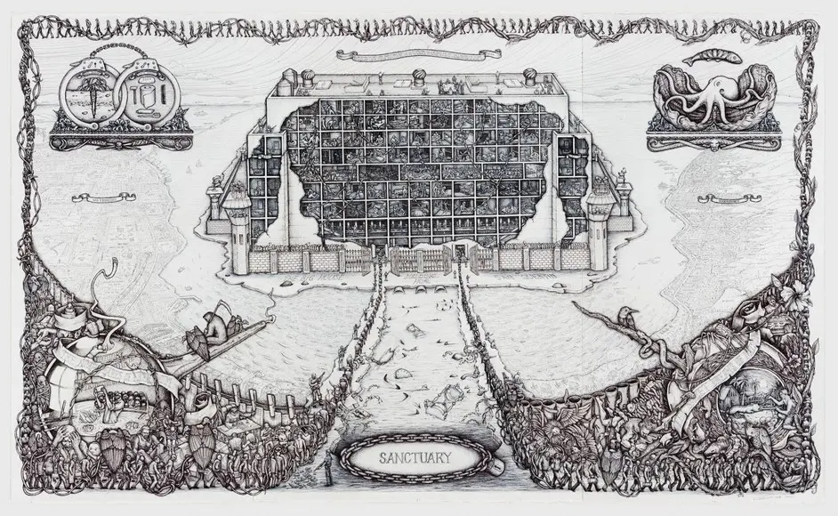 Sanctuary, a finely detailed ink drawing of a walled prison complex by Gil Batle.