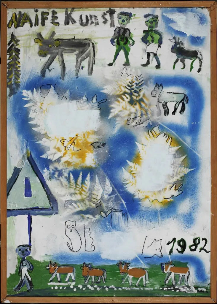 Naife Kunst (1982), gouache, spray paint and felt tip pen on card, with Krüsi's familiar cows and farm figures.