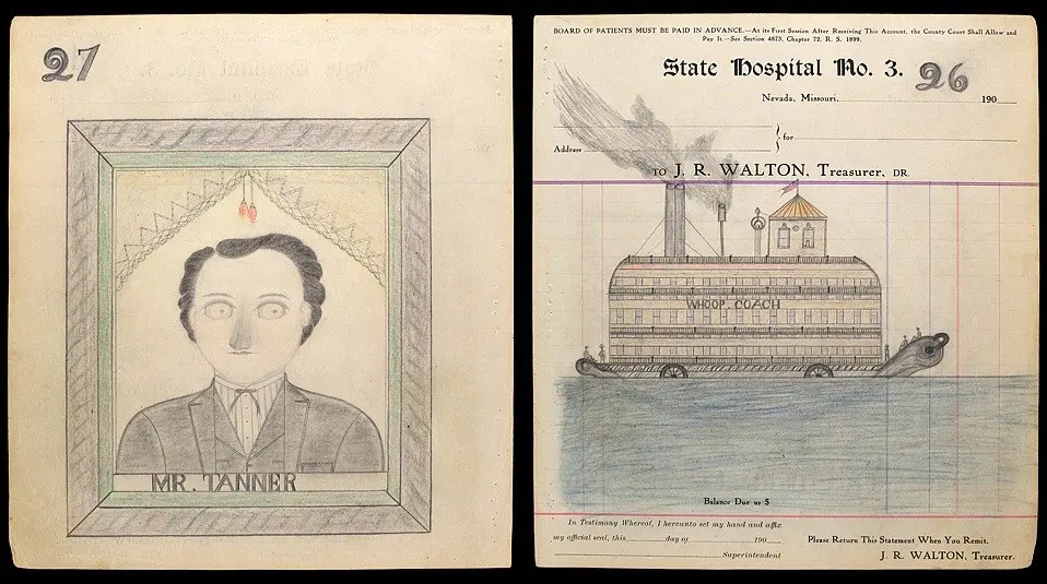 Two drawings by James Edward Deeds Jr, a framed portrait titled Mr Tanner and a steamboat drawn on State Hospital No. 3 stationery.