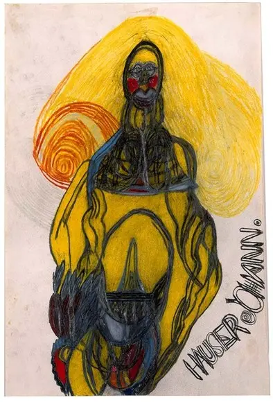 A figure drawn in yellow and blue crayon by Johann Hauser, signed vertically with his name.