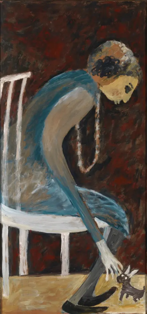 Untitled (Woman with Dog), an oil painting by Jon Serl.