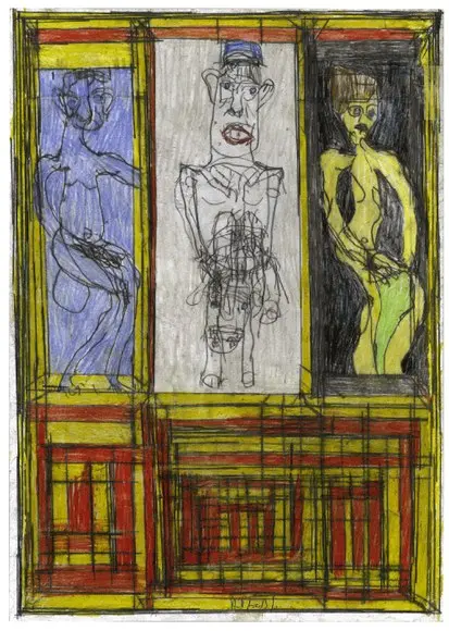Three figures within heavy yellow and red frames, drawn in pencil and coloured crayon by Josef Hofer.