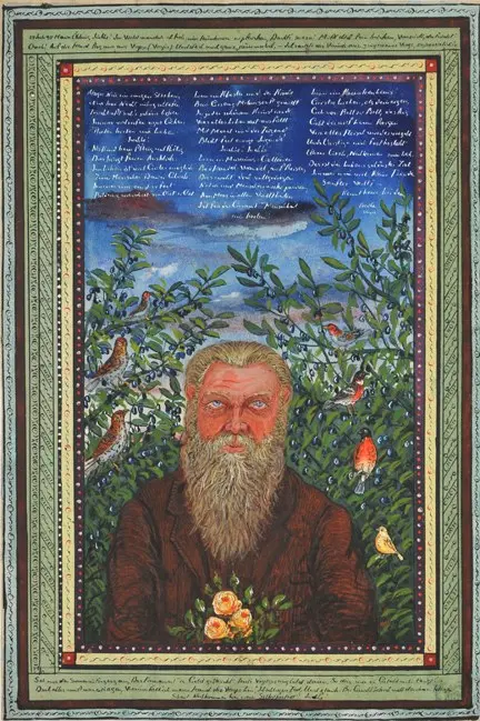 Josef Karl Radler's 1911 watercolour self portrait, framed by birds and dense handwritten text.