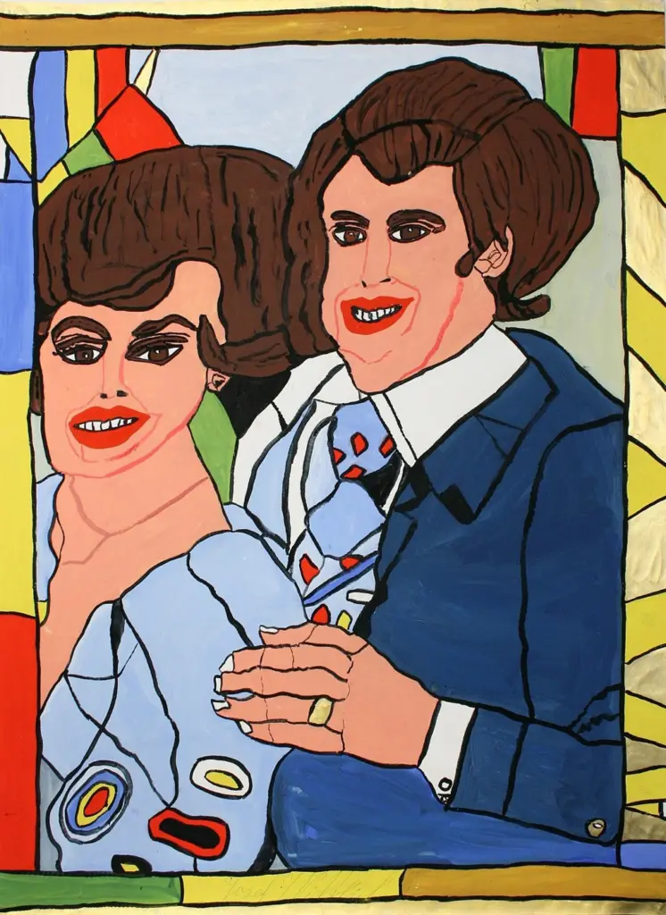 Promipaar vor Flagge (Celebrity Couple in Front of a Flag), tempera painting by Josef Wittlich.