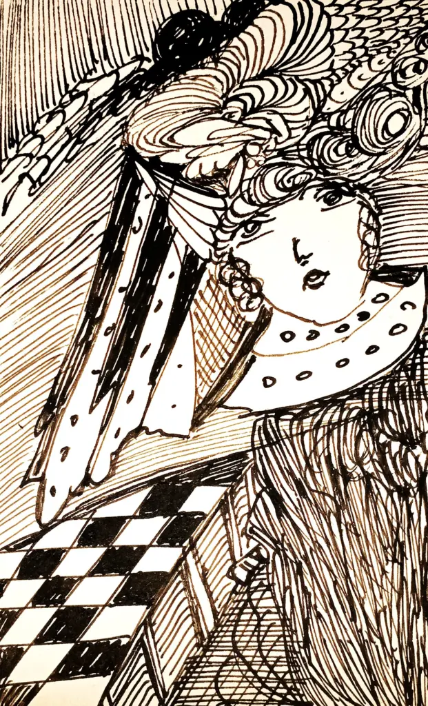 A Madge Gill ink drawing, signed Myrninerest.
