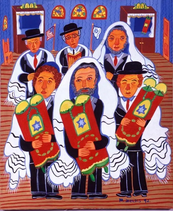Men in My Life (1992), an oil painting of six men in prayer shawls, three holding dressed Torah scrolls.