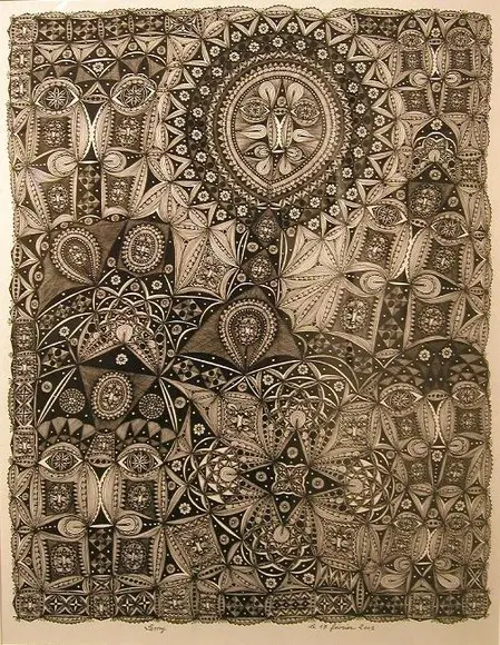 An intricate ink drawing of interlocking ornamental patterns by Marc Lamy.