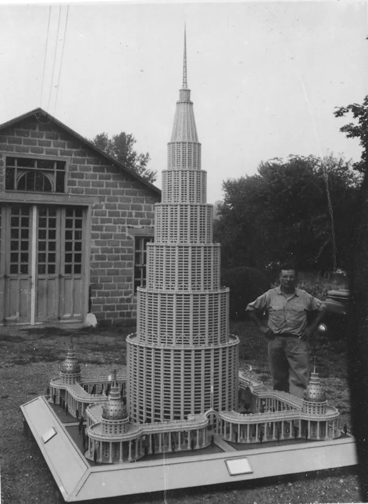 Marino Auriti with the model of The Encyclopedic Palace outside his Pennsylvania garage.