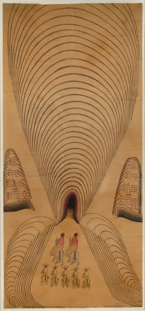 Untitled (Mexicans on Horseback), coloured pencil drawing by Martín Ramírez, 1953.