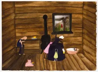 A watercolour by Mary Frances Whitfield showing family life inside a log cabin.