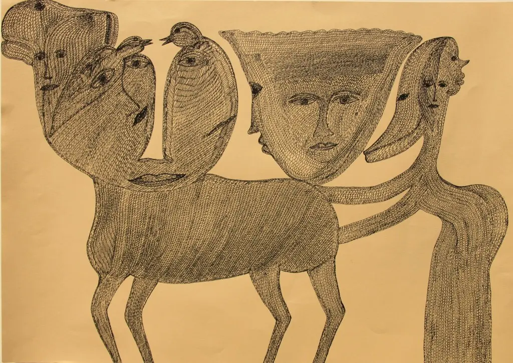 An untitled ballpoint drawing by Mehrdad Rashidi of figures, faces and birds woven together.