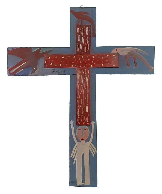 Cross of a White Jesus with a French Bird, a Mountain Bird, and a Pinto Bird, 1987, house paint on board by Mose Tolliver.