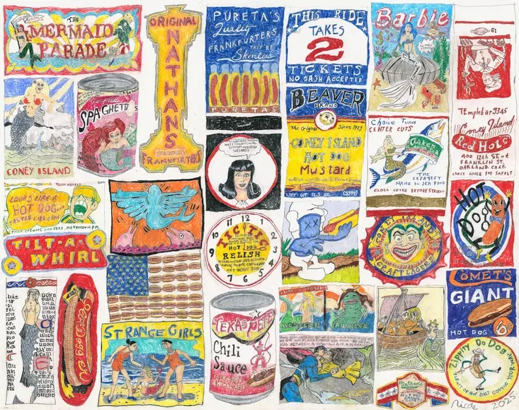 A coloured pencil drawing by Nicole Appel packed with Coney Island signs, labels and packaging.