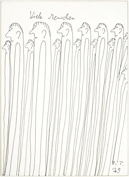 Viele Menschen (1979), an ink drawing of Tschirtner's characteristically elongated figures, signed with his initials O.T.