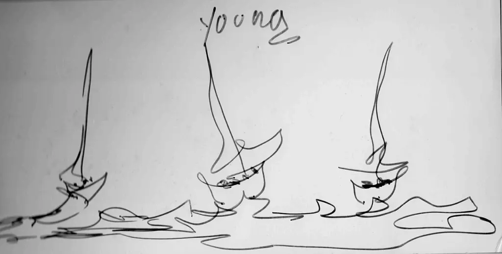 Purvis Young, boats, drawn line on paper.