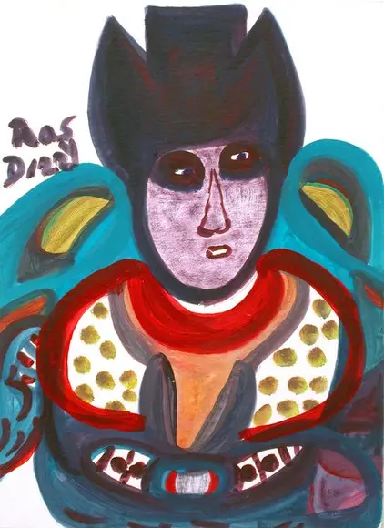 Sundown in Green Western (1999), oil and tempera on matboard, signed Ras Dizzy.
