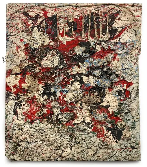 A densely textured mixed media work in red, black and white by Ronald Lockett.