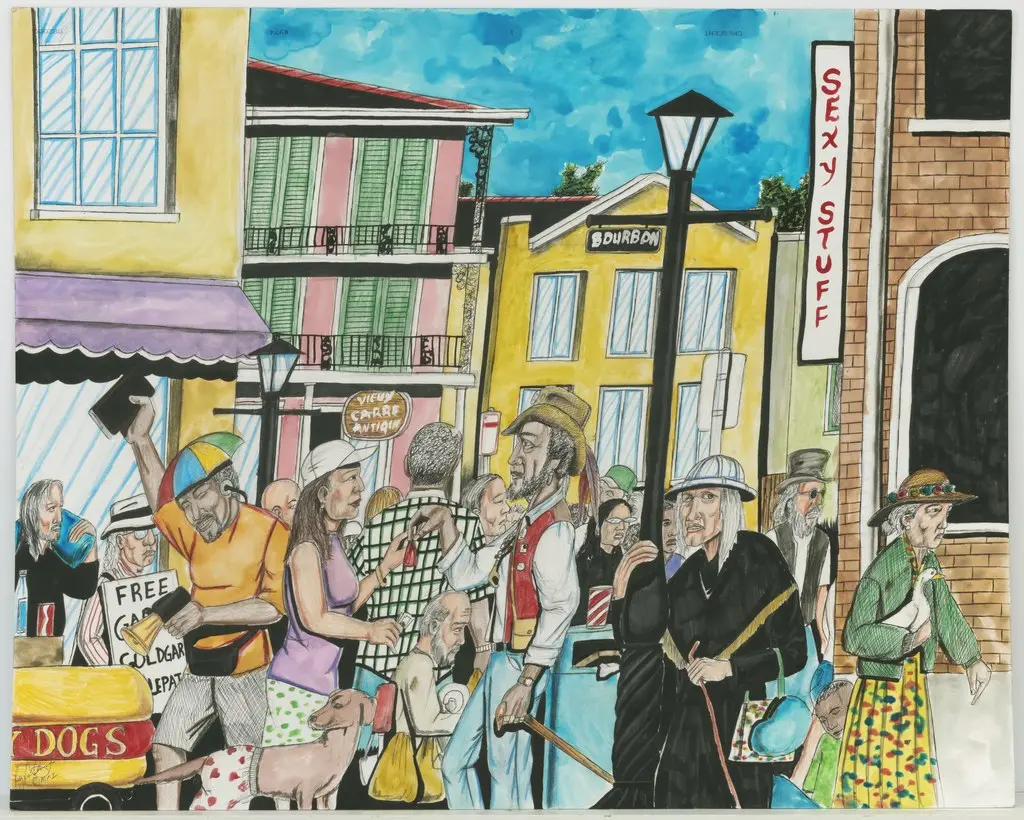 A crowded French Quarter street scene in marker and watercolour by Roy Ferdinand.