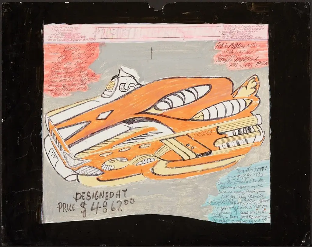 Untitled drawing of a futuristic car in paint pen, marker and ballpoint on poster board by Royal Robertson.