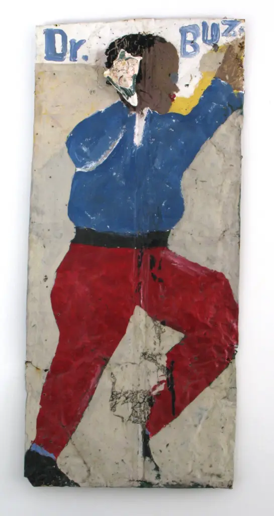 Dr. Buz, painted by Sam Doyle in house paint on roofing tin, around 1970 to 1985.