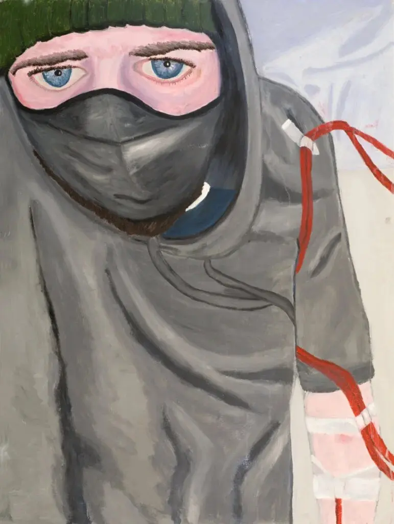 Bloodlines (2022), oil on canvas, 96.5 x 122 cm. A self-portrait begun at one of the artist's first dialysis sessions.