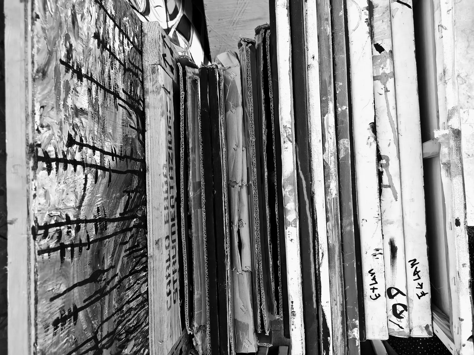 Stacks of paintings packed up and ready to move to Studio BRUT