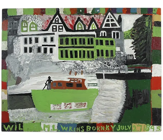 A painting of buildings and a boat by William Hawkins, signed along the bottom with his name and 1895 birth date.