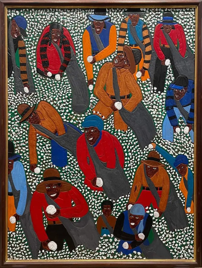 Untitled cotton field scene in dye on carved and tooled leather by Winfred Rembert.