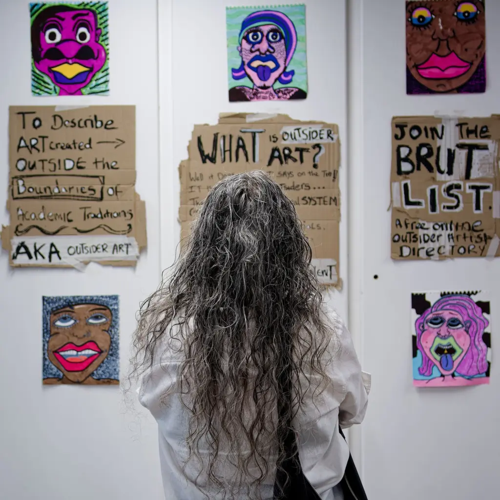 A visitor reading the hand-lettered "What is outsider art?" wall at Studio BRUT
