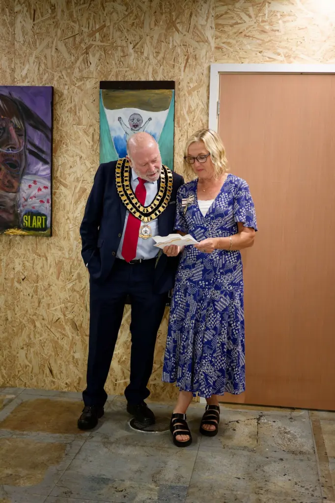 The Mayor of Swindon in conversation with a guest beside the studio door