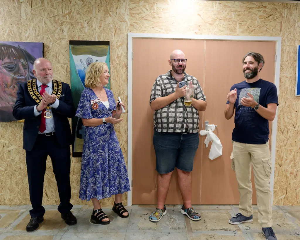 Councillor Neil Hopkins, Mayor of Swindon, with Mrs Claire Garrett DL, SLART and Dr Rod Hebden of Swindon Culture Collective at the Studio BRUT opening